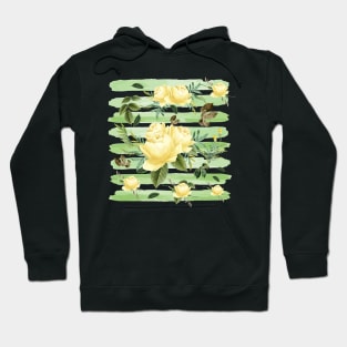 Peonies Pastel Watercolor Pattern Yellow Garden Nature Flowers Green Strips Hoodie